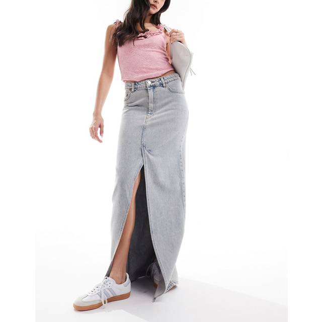 Monki – Beige jeanskjol i midaxilängd med slits framtill-Naturlig