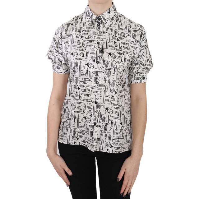 Dolce & Gabbana, Shirts, female, White, 3XS, Trumpet Print Silk Top