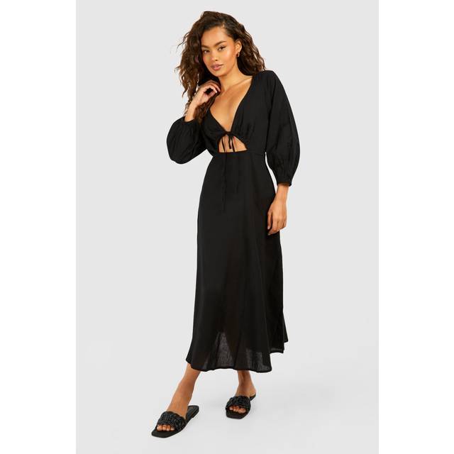 Womens Linen Look Tie Front Puff Sleeve Midaxi Dress - Black - 10