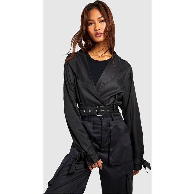 Womens Tall Crop Belted Biker Trench Coat - Black - 12, Black