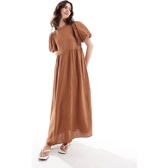 ASOS DESIGN – Rostfärgad smockklänning i midilängd med puffärm och dubbelt tyg-Orange