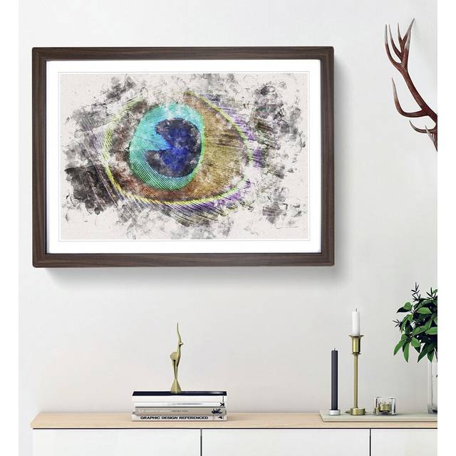 Delicate Peacock Feather - Picture Frame Painting Print - Walnut Framed (36cm H x 48cm W x 2cm D)