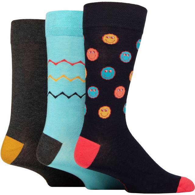 Men's 3 Pair SOCKSHOP Plain, Patterned, Striped and Heel & Toe Bamboo Socks Smiley Face 7-11 - Multi Coloured