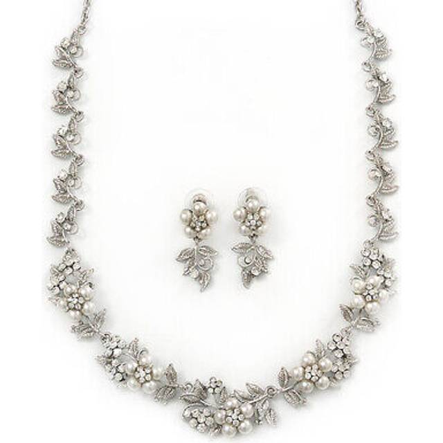 Bridal 'flower' simulated pearl/crystal necklace & drop earring set in silver