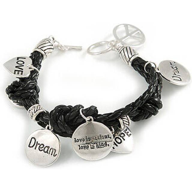 Silver tone metal charm black leather bracelet with toggle clasp - up to 18cm
