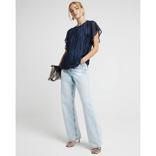 River Island Womens Navy Plisse Flute Sleeve Blouse - 10