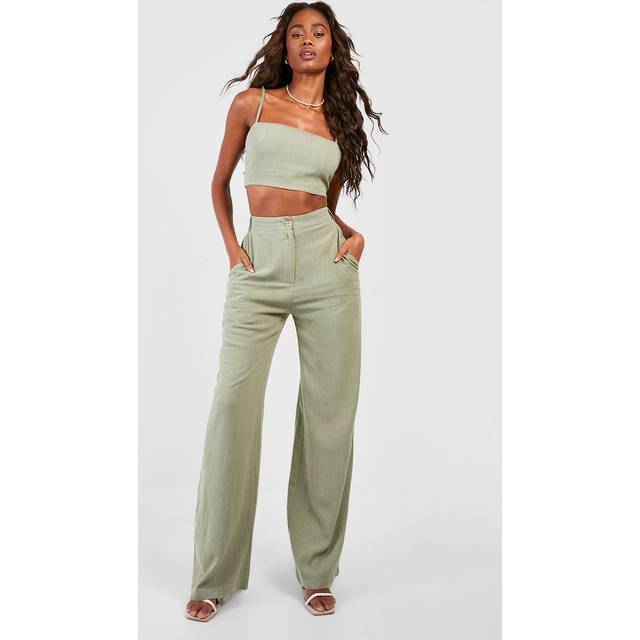 Womens Linen Mix Tailored Straight Leg Trousers - Green - 10, Green