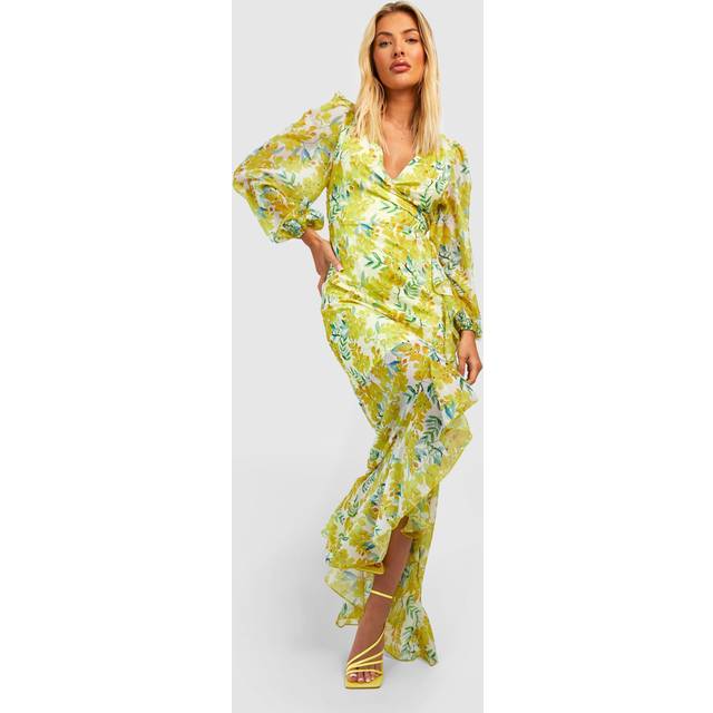 Womens Floral Chiffon Frill Detail Maxi Dress - Yellow - 8, Yellow