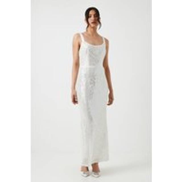 Tie Shoulder Sheer Sequin Column Wedding Dress - Ivory - 12