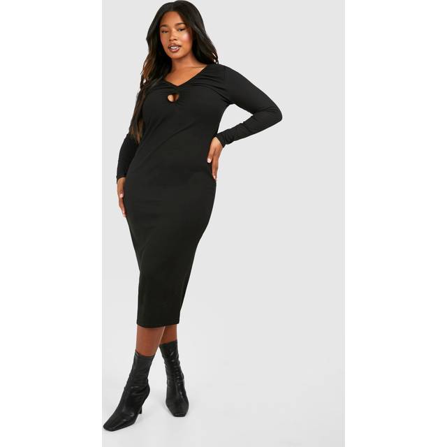 Womens Plus Rib Key Hole Detail Long Sleeve Midi Dress - Black - 22, Black