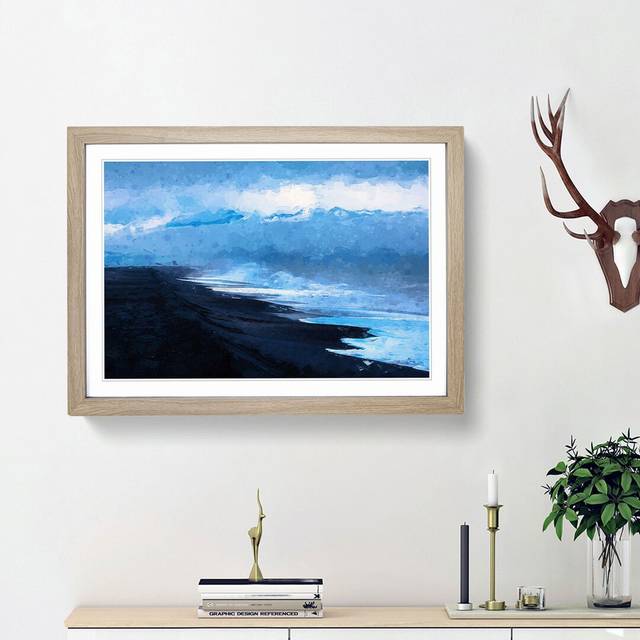 Mountain Beach in Abstract - Picture Frame Painting Print - Oak Framed (27cm H x 36cm W x 2cm D)