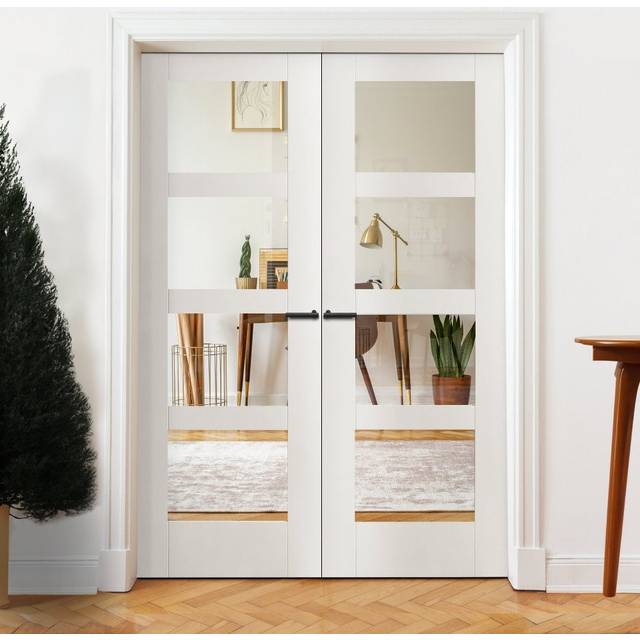 Liberty Doors Internal White Primed Shaker 4 Light Clear Glass Pair Door - 1981x1220x35mm (78&apos;&apos;x48&apos;&apos;) (26BB-000530) Size (Height x