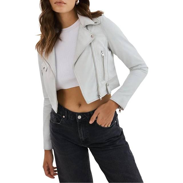 Ciara Leather Cropped Biker Jacket - WHITE - Small