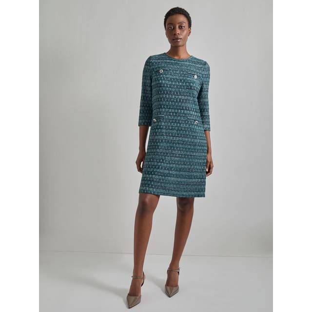 3/4-Sleeve Metallic Tweed Knit Midi Dress - Spruce/Black/New Ivory - Medium