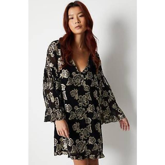 Warehouse Womens Metallic Georgette V Plunge Frill Swing Dress - Black Viscose - Size 8 UK