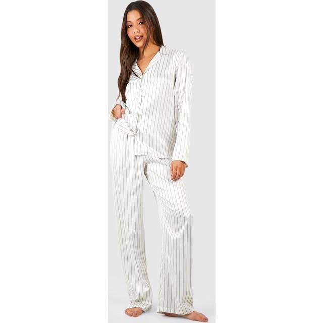Womens Pinstripe Long Sleeve Shirt & Trousers Pyjama Set - White - 8, White