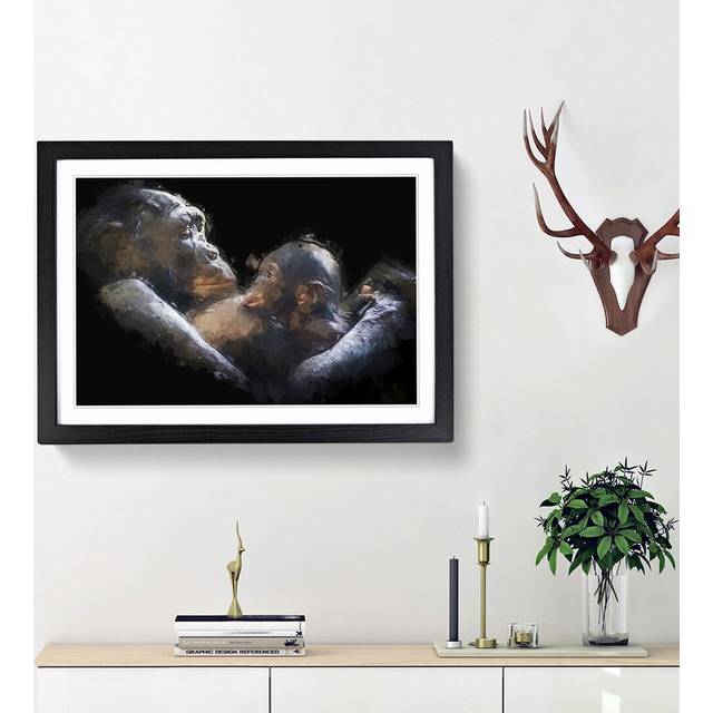 Gorilla Mother & Child in Abstract - Picture Frame Graphic Art Print - Black Framed (36cm H x 48cm W x 2cm D)