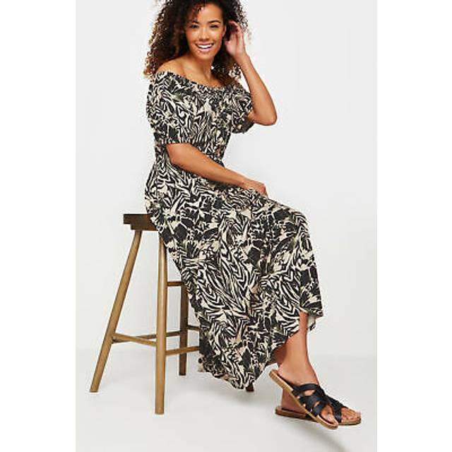 M&Co Neutral Brown & Black Abstract Print Bardot Dress 10 M&Co Womens