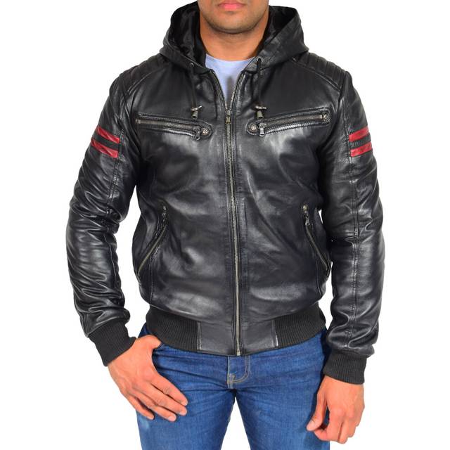 A1 fashion goods mens trendy leather hoody black fitted soft lambskin bomber