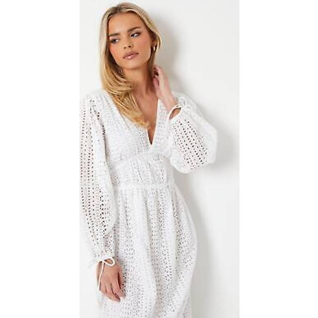 Oasis womens midi dress white cotton broderie anglaise v-neck puff sleeve