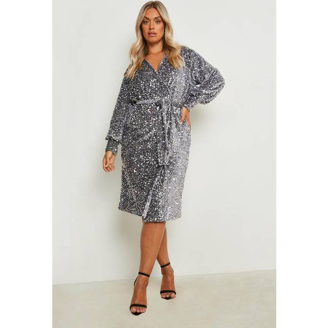 Womens Plus Velvet Sequin Wrap Midi Dress - Grey - 22, Grey