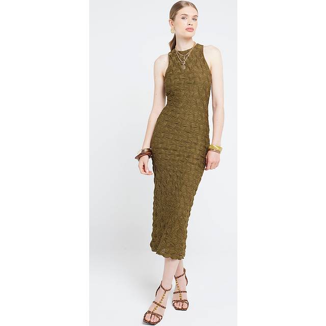 River Island Womens Bodycon Midi Dress Khaki Textured - Size 8 UK