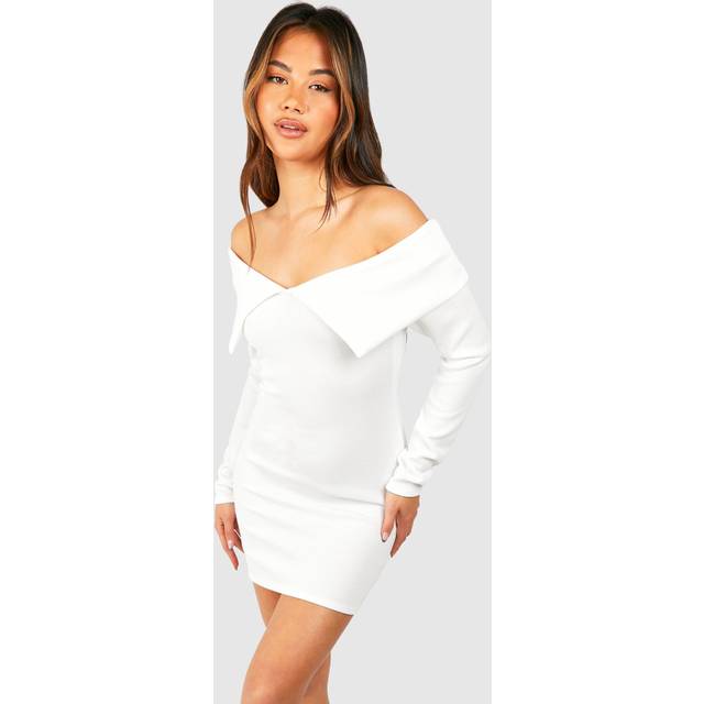 Womens Bardot Heavy Rib Long Sleeve Mini Dress - White - 8, White