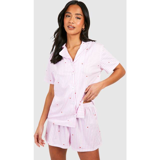 Womens Petite Pinstripe Short Sleeve Shirt & Shorts Pyjama Set - Pink - 14