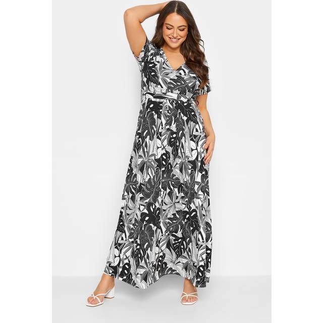 Yours Curve Black & White Floral Leaf Print Front Tie Maxi Dress, Women's Curve & Plus Size, Yours - 34-36