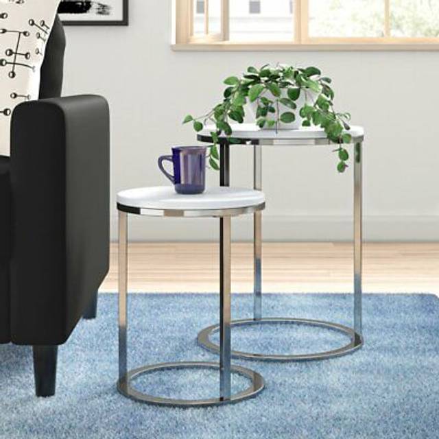Paloma Set of 2 Round Nesting Tables, Glossy White Top/Chrome Base