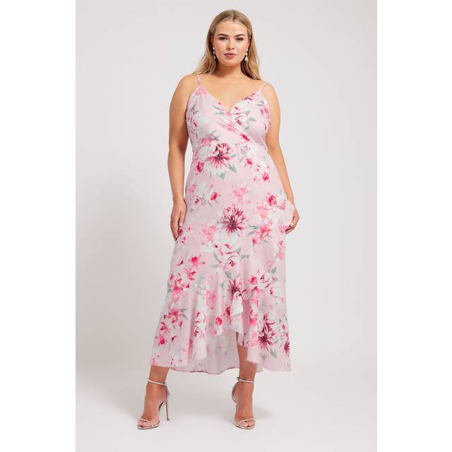 Yours London Curve Pink Floral Print Ruffle Wrap Dress, Women's Curve & Plus Size, Yours London - 20