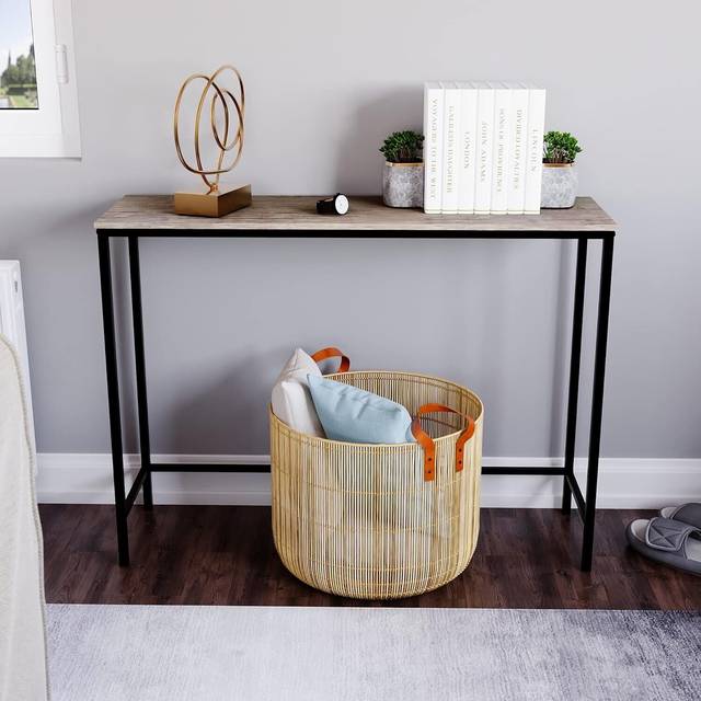 Movian industrial console hallway table - black metal walnut wood foyer entryway