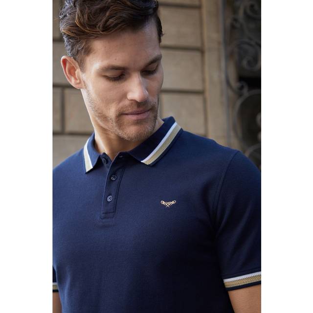 Herringbone Tipping Cotton Pique Polo Shirt - Navy - Large - Threadbare
