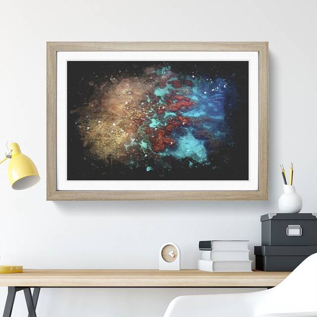 The Great Barrier Reef Coral Paint Splash - Picture Frame Graphic Art - Oak Framed (65cm H x 90cm W x 2cm D)
