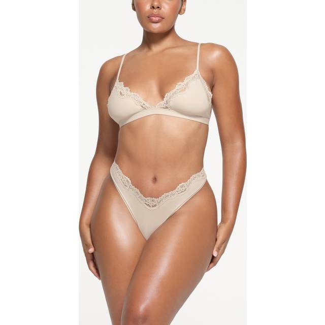 Skims Womens Stone Triangle-cup Lace-trim Stretch-woven Bra M - STONE