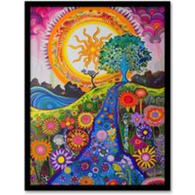 Bright Colourful Hippy Artwork Flowers Sun Trees Framed Art Print - Multi - A4
