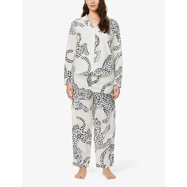 Desmond and Dempsey Womens Cream Black Printed Cotton Pyjama Set S - Cream black