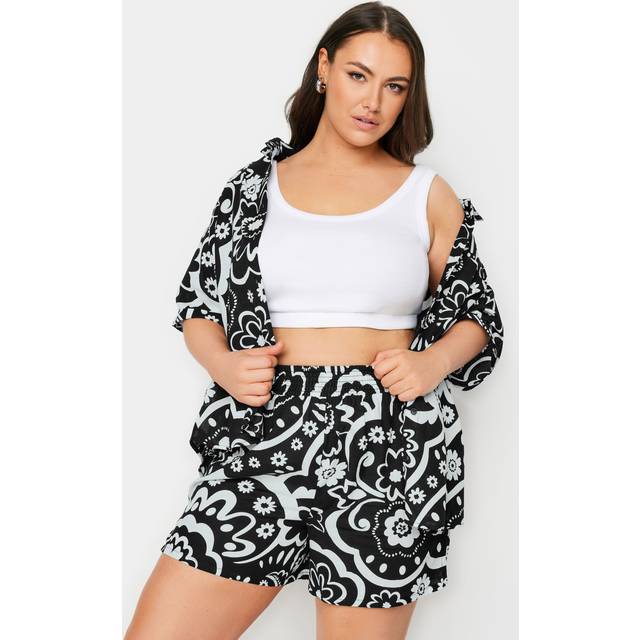 Yours Curve Black Floral Print Linen Shorts, Women's Curve & Plus Size, Yours - 16