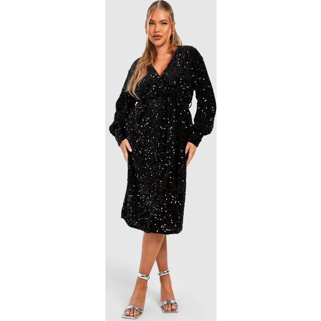 Womens Plus Velvet Sequin Wrap Midi Dress - Black - 20, Black