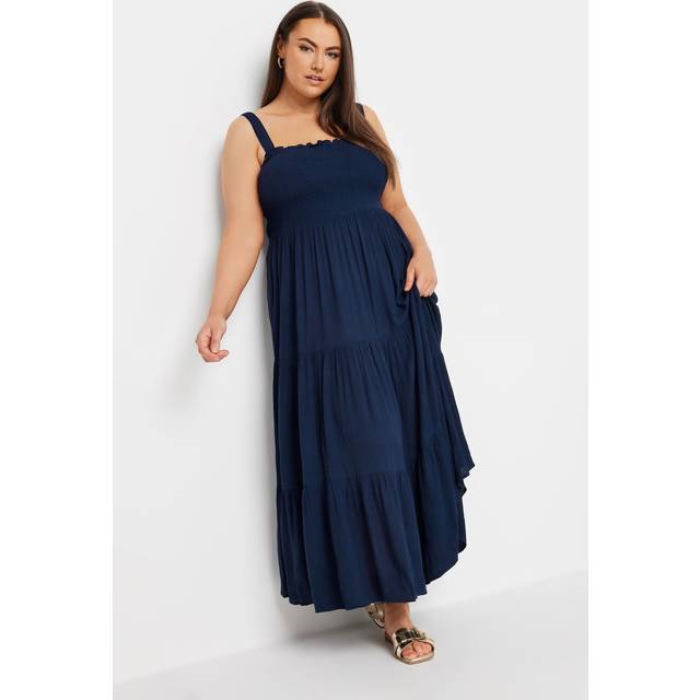 Yours Curve Navy Blue Shirred Tiered Maxi Dress, Women's Curve & Plus Size, Yours - 18