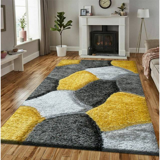 Non Slip 100% Polypropylene Geomatric Design 3D Design Pona Area Rug Ochre Grey (Rectangle 60 x 110cm)