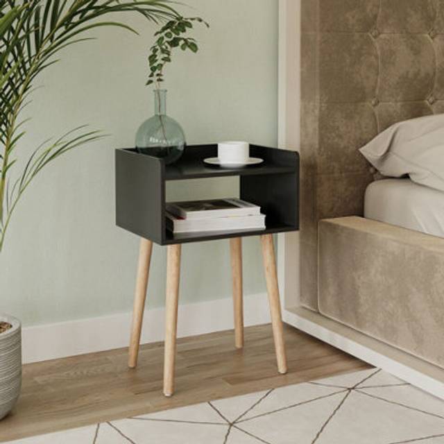 (Black) Modern Bedside Table Storage Display Unit with 2 Shelves & Solid Pinewood Legs