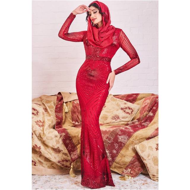 Modesty Starburst Sequin Maxi Dress - Red by Goddiva - 8