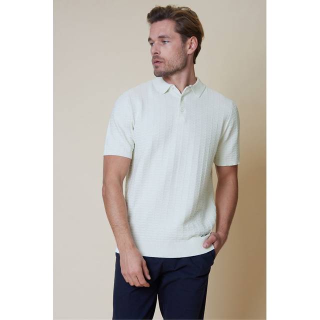Threadbare Mens Ecru 'Halliwell' Cotton Mix Short Sleeve Textured Knitted Polo Shirt - Size Small