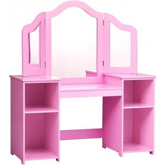 Kids Dressing Table with Foldable and Removable Mirror and Storage Shelf-Pink