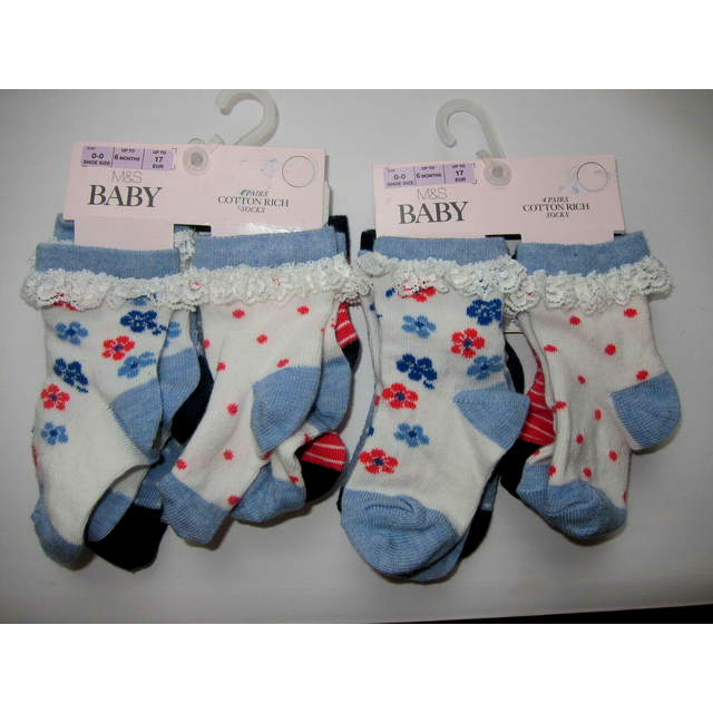 Baby girls socks newborn first size m & s 4 pairs cotton rich frilly denim mix