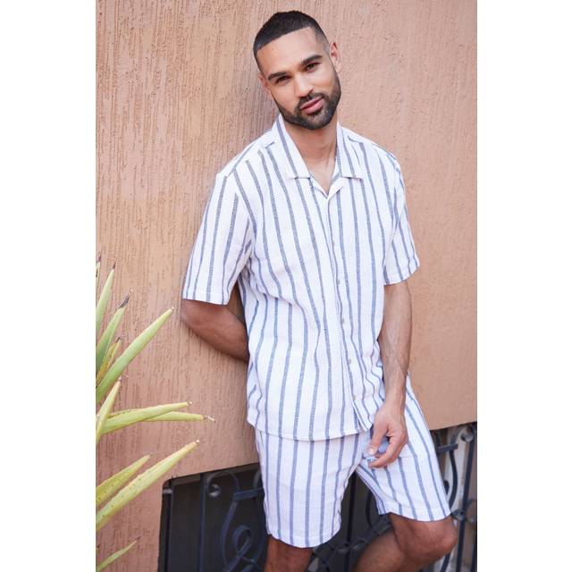 'Mahou' Revere Collar Short Sleeve Striped Shirt - White - S