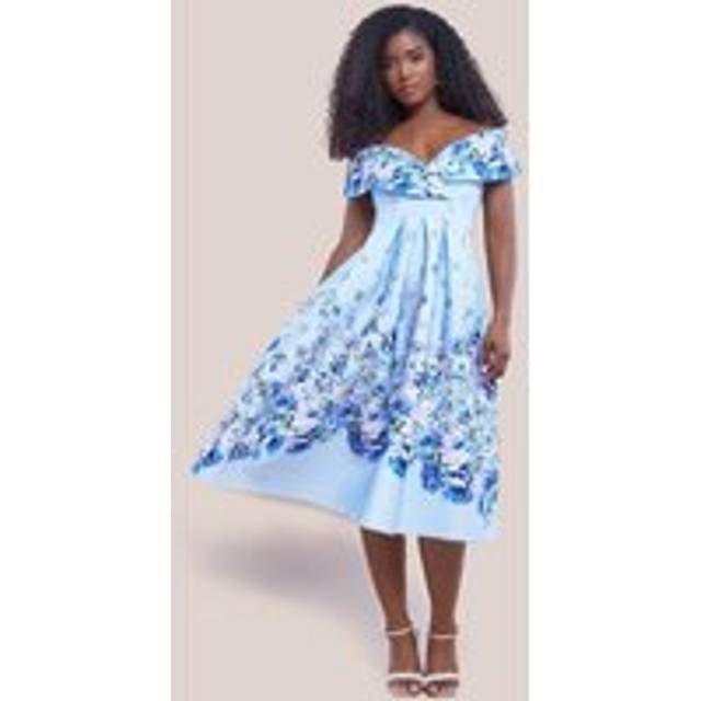 Bardot Floral Print A-Line Scuba Foam Midi Dress - Blue by Goddiva - 10