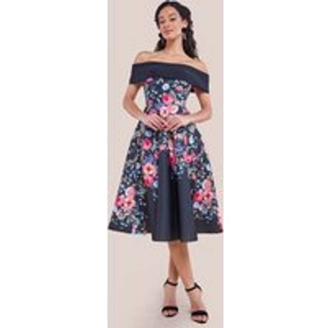 Goddiva Scuba Foam Floral Bardot Midi Dress - Black - 8