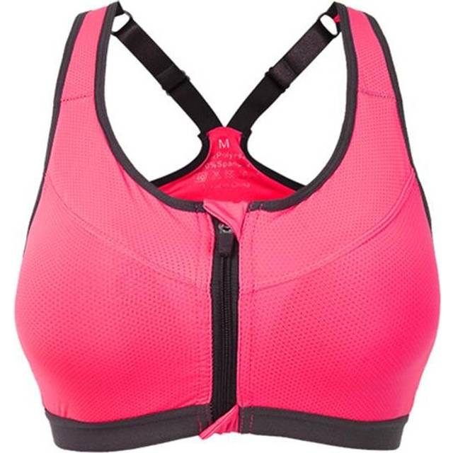 (Red, M) Professional Shakeproof Front Zipper Breathable Sports Bra
